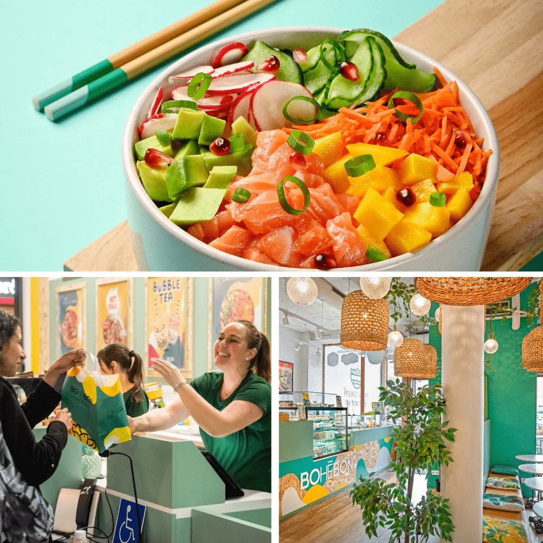 A Bohébon poke bowl and the team at the counter of one of the brand's restaurants