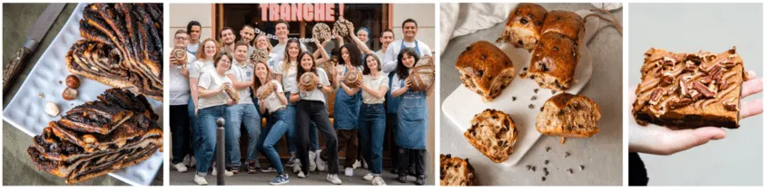 Pastries, cakes and the Tranché bakeries team in front of a shop