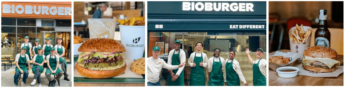 Bioburger teams in front of their restaurants and the brand's burgers