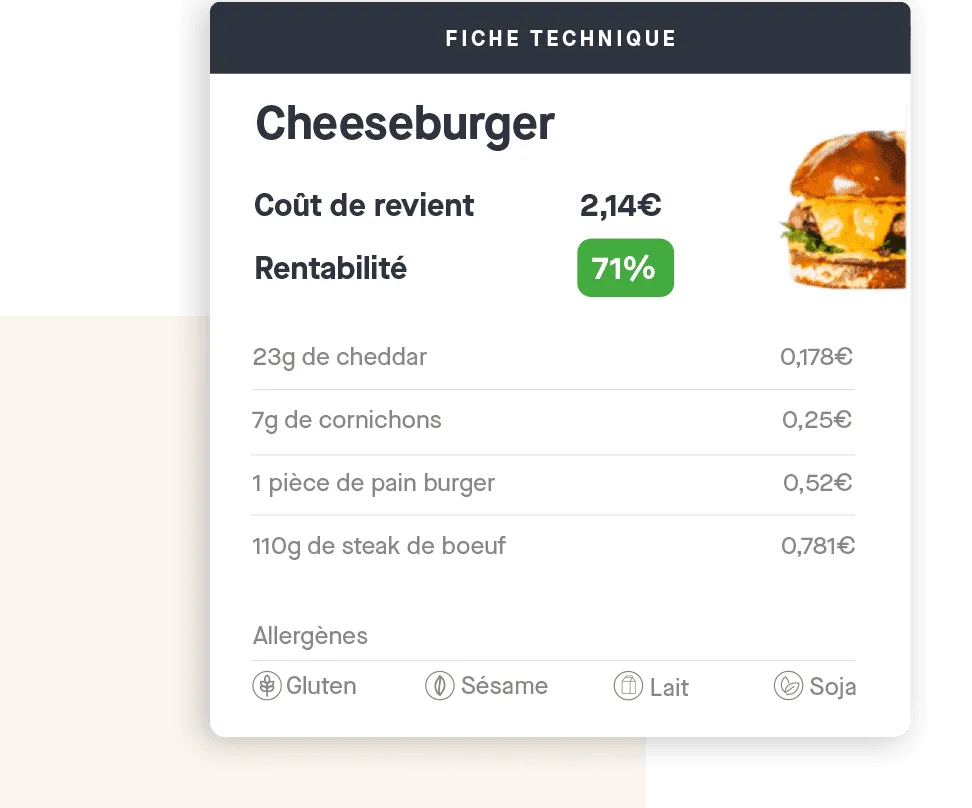 Yokitup cheeseburger recipe card: cost price, profitability and allergens