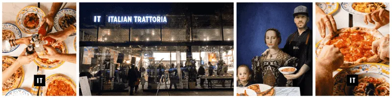 Pizzas, storefront and team of IT Italian Trattoria restaurants