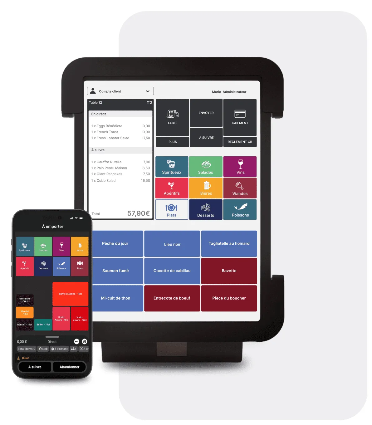 Caisse Cashpad sur un iPad dans son support et caisse mobile Cashpad sur iPhone