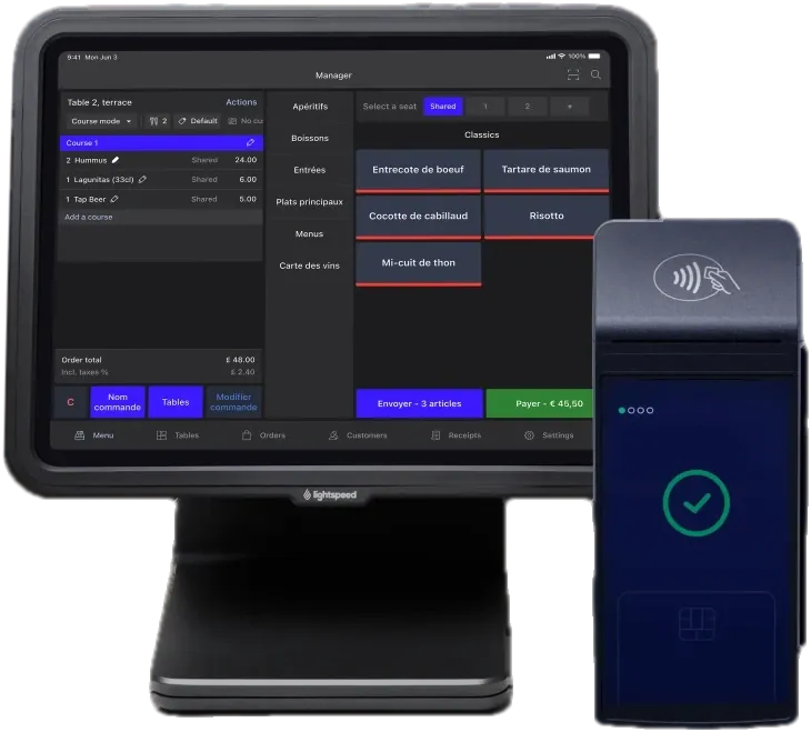 Lightspeed K-Series POS on an iPad in its stand, next to a payment terminal