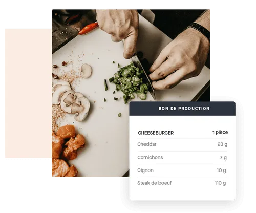 Production order for a cheeseburger with the quantity of each ingredient