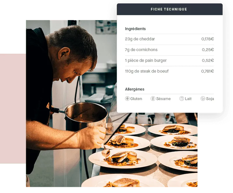 Recipe card with the list of ingredients, their cost and allergens