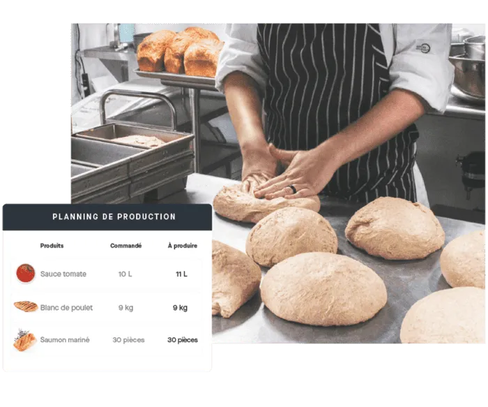 Production schedule in Yokitup next to a baker shaping dough