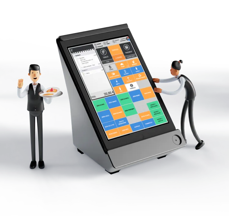Illustration de la caisse Cashpad sur tablette entourée de serveurs