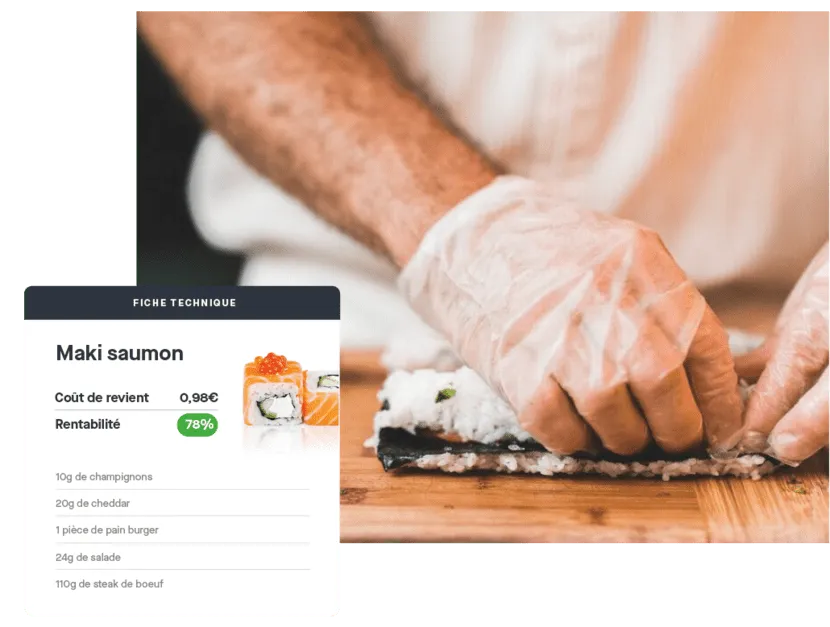 Recipe card for a salmon maki with its cost price and profitability