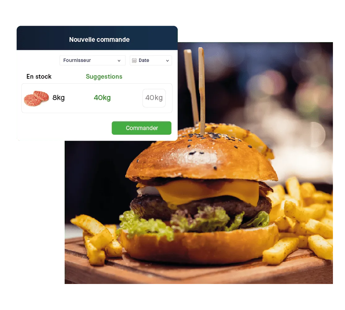 Steak order suggestion in Yokitup next to a burger and fries