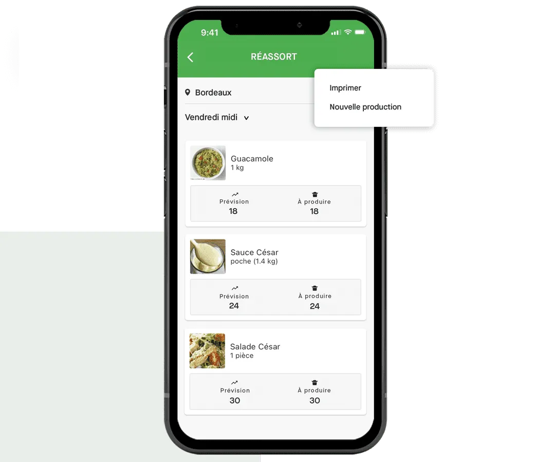 Restocking screen with forecasts and quantities to produce in the Yokitup mobile app