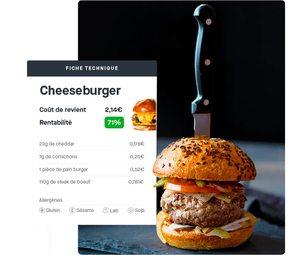 Fiche technique d'un cheeseburger avec son coût de revient et sa rentabilité dans Yokitup